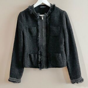 DStudio Canada Tweed Bomber Jacket Fur Fringe Lace Circle Neck Sz 10 Black